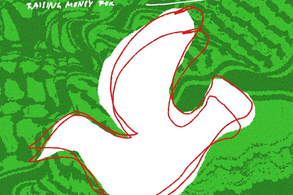 Black text 'CREIRIAU' with an illustration of a white bird with red outline on a green patterned background.