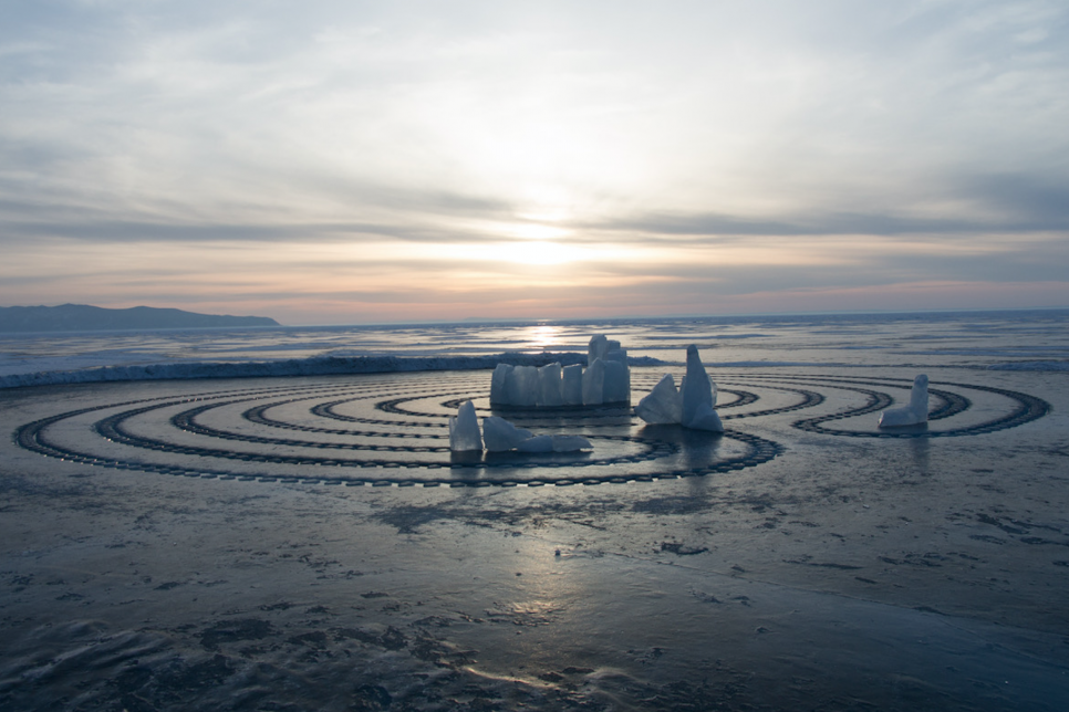Ice Labyrinth on a frozen lake at Spring Equinox