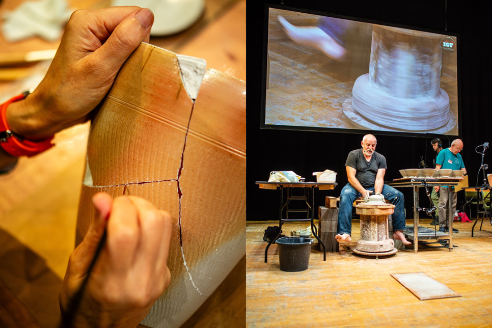 INTERNATIONAL_CERAMICS_FESTIVAL - credit - Ben Boswell LEFT: Female hands holding a large cracked pot, patting gold into the cracks. RIGHT: A man on stage in front of a large screen, presenting a pottery wheel demonstration