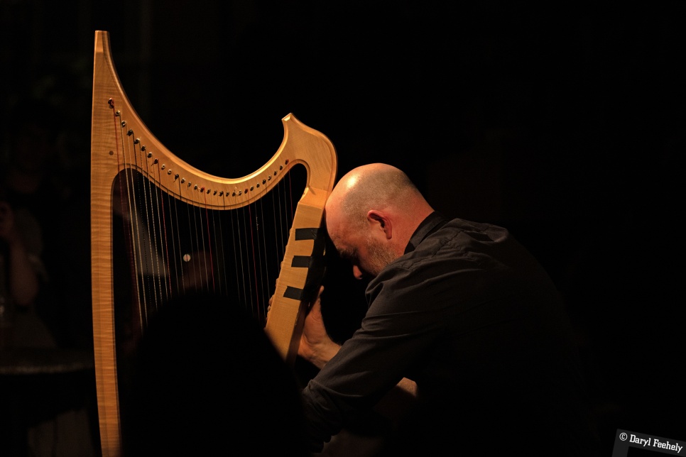 Rhodri Davies by Daryl Feehely Man in black shirt playing harp in front of black background
